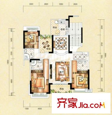 錦繡山河四期1#2單元01戶型圖 3室2廳3衛(wèi)1廚