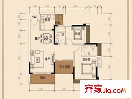 信鴻熙岸花園C戶型 2室2廳2衛(wèi)1廚