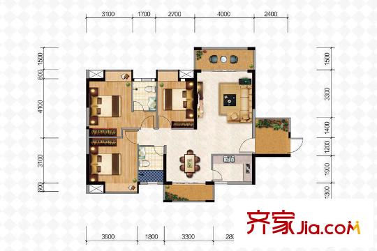 米蘭公館1號樓1-1戶型 3室2廳2衛(wèi)1廚
