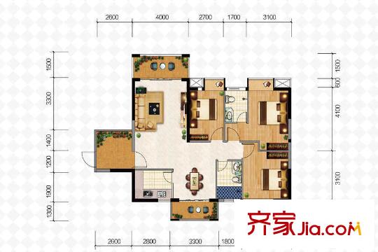 米蘭公館1號樓1-2戶型 3室2廳2衛(wèi)1廚