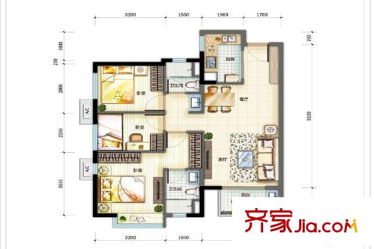 萬(wàn)科?珠江東岸87平方米三房?jī)蓮d兩衛(wèi)平面圖 3室2廳2衛(wèi)1廚