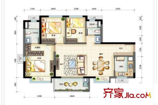 萬(wàn)科?珠江東岸96平方米三房?jī)蓮d兩衛(wèi)平面圖 3室2廳2衛(wèi)1廚