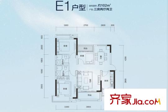 萬潤廣場E1戶型 102平 三房兩廳兩衛(wèi) 3室2廳2衛(wèi)