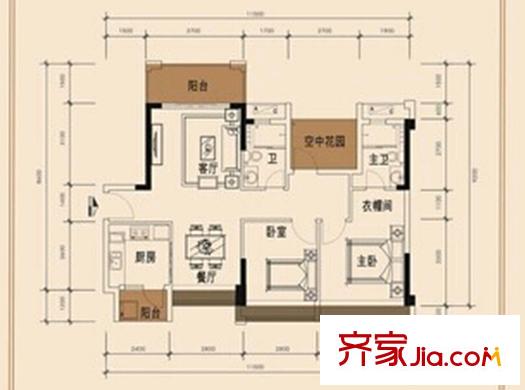 信鴻熙岸花園D戶型 2室2廳2衛(wèi)1廚