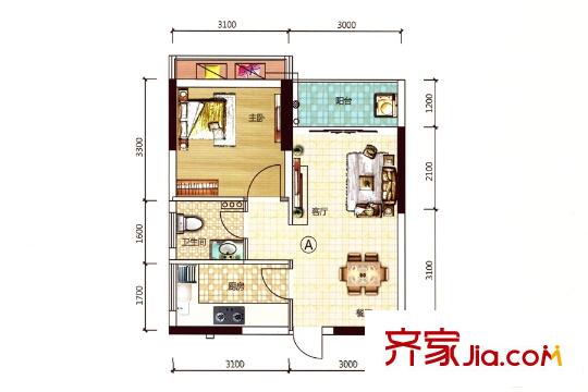 嘉盈名苑A戶型 1室2廳1衛(wèi)1廚