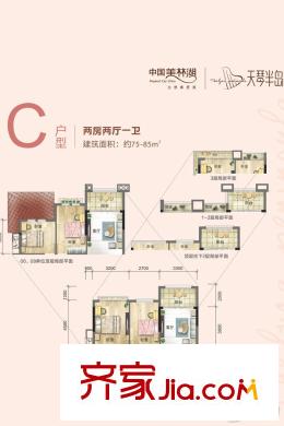 中國美林湖天琴半島C戶型 2室2廳1衛(wèi)1廚