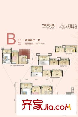 中國美林湖天琴半島B戶型 2室2廳1衛(wèi)1廚