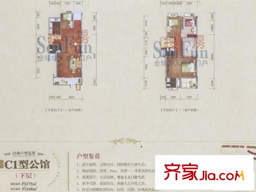 中央公館海悅別墅戶型圖疊加C1型公館下層 4室2廳2衛(wèi)1廚