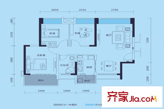 松湖朗悅B戶型三房兩廳一衛(wèi)90平 3室2廳1衛(wèi)1廚