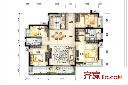 萬(wàn)科?珠江東岸148平方米四房?jī)蓮d兩衛(wèi)平面圖 4室2廳2衛(wèi)1廚