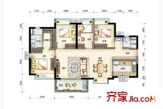 萬(wàn)科?珠江東岸125平方米四房?jī)蓮d兩衛(wèi)平面圖 4室2廳3衛(wèi)1廚