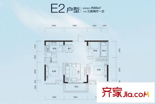 萬潤廣場E2戶型 85 三房兩廳一衛(wèi) 3室2廳1衛(wèi)