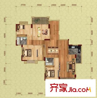 富盈山水華府別墅戶型圖13棟君尚樓王標(biāo)準(zhǔn)層A1+B1戶型 4室2廳2衛(wèi)1廚