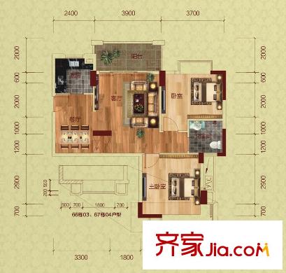 富盈山水華府別墅戶型圖66-67棟君尚標(biāo)準(zhǔn)層D戶型 2室2廳1衛(wèi)1廚
