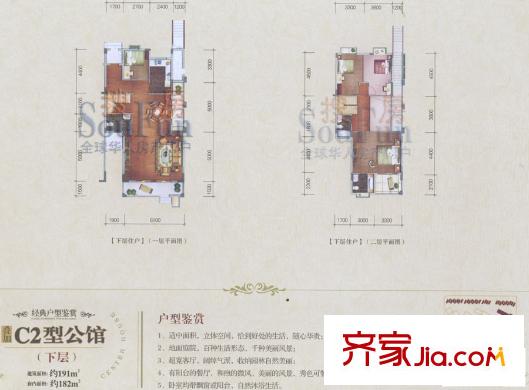 中央公館海悅別墅戶型圖疊加C2型公館下層 4室2廳3衛(wèi)1廚
