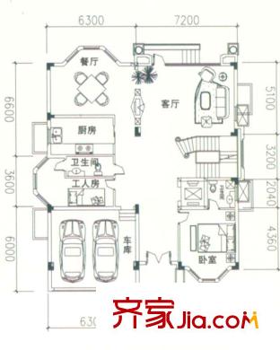 御富別墅戶型圖C2型一層 2室2廳2衛(wèi)1廚