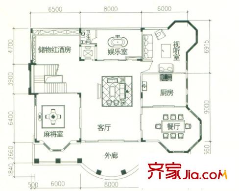 御富別墅戶型圖A型負(fù)一層 4室2廳1廚