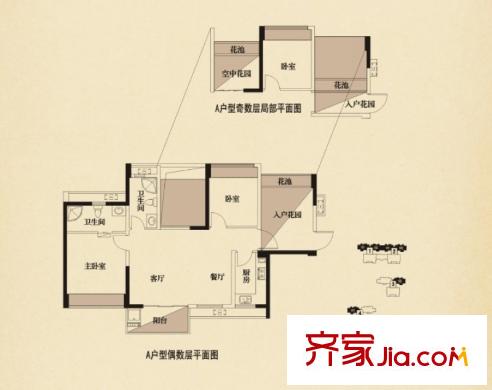 葡萄莊園一期1-6#樓偶數(shù)層北向A戶型 2室2廳2衛(wèi)1廚