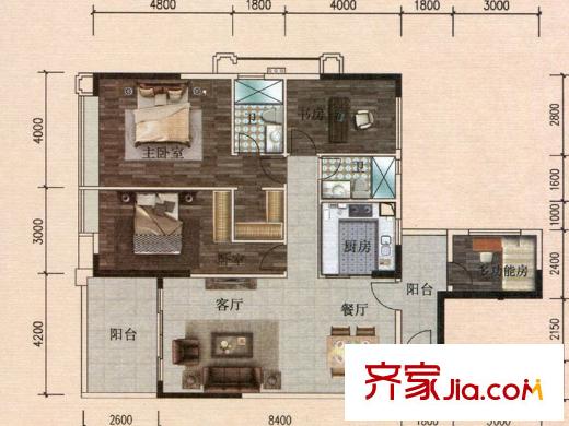 長堤1號7單元03戶型 3室2廳2衛(wèi)1廚