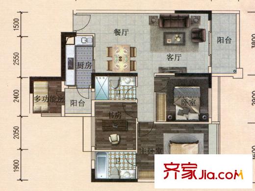長堤1號7單元01戶型 3室2廳2衛(wèi)1廚