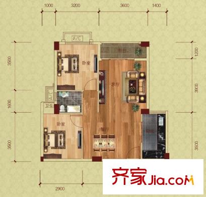 富盈山水華府別墅戶型圖57-65棟君尚標(biāo)準(zhǔn)層B戶型 2室2廳2衛(wèi)1廚