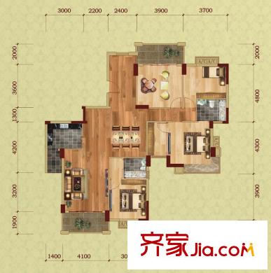 富盈山水華府別墅戶型圖13棟君尚樓王標(biāo)準(zhǔn)層A+B戶型 4室2廳2衛(wèi)1廚