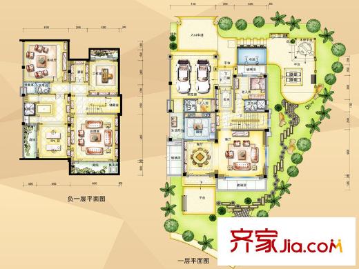 碧桂園柏麗灣別墅戶型圖G216-S鉆石墅地下一層至一層 5室3廳2衛(wèi)1廚