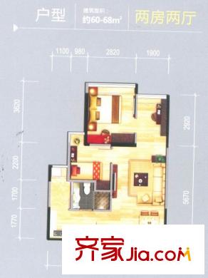 中央財津標準層精英館戶型 2室2廳1衛(wèi)1廚