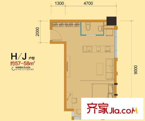 東城萬達廣場萬達SOHO H/J戶型 1室1廳1衛(wèi)1廚