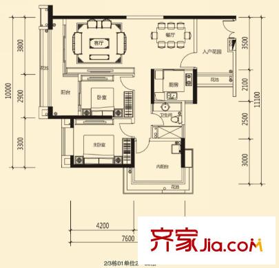 蓮湖四季豪園2/3棟標(biāo)準(zhǔn)層01戶型 3室2廳1衛(wèi)1廚
