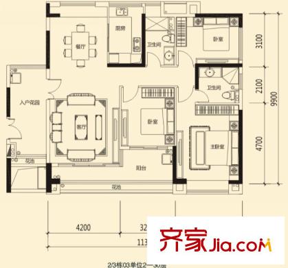 蓮湖四季豪園2/3棟標(biāo)準(zhǔn)層03戶型 3室2廳2衛(wèi)1廚