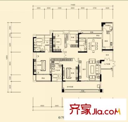 蓮湖四季豪園6-7棟標(biāo)準(zhǔn)層01戶型 4室2廳3衛(wèi)1廚