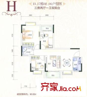 虎門國際公館13、17棟8層02、04戶型 3室2廳1衛(wèi)