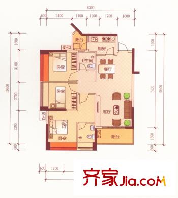 新世紀宜居B6戶型 3室2廳2衛(wèi)