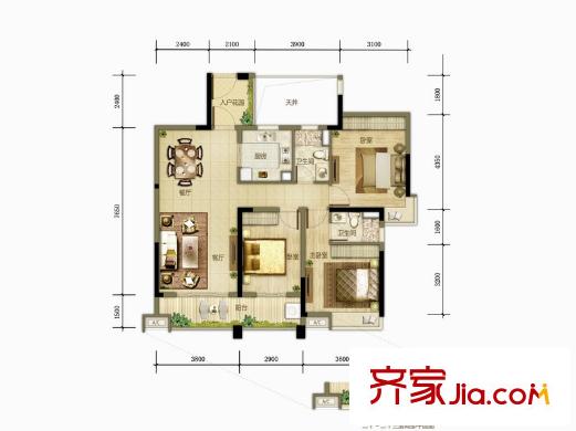 君平方米花園1/5棟108平方米C戶型 3室2廳2衛(wèi)1廚