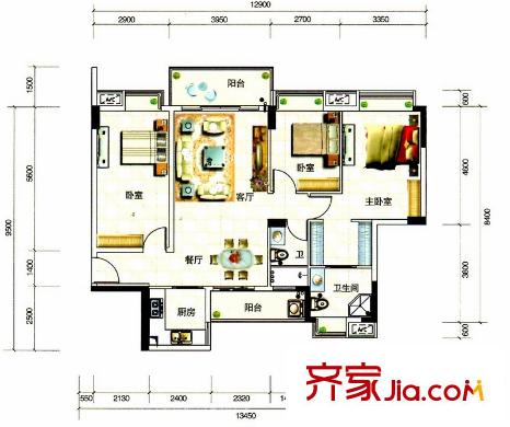 大步海濱花園三期3號(hào)樓標(biāo)準(zhǔn)層01單元04戶型 3室2廳2衛(wèi)1廚