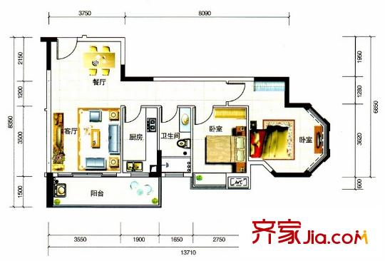 大步海濱花園三期3號(hào)樓標(biāo)準(zhǔn)層02單元03戶型 2室2廳1衛(wèi)1廚