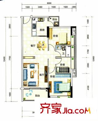 大步海濱花園三期3號(hào)樓標(biāo)準(zhǔn)層01單元02戶型 3室2廳1衛(wèi)1廚