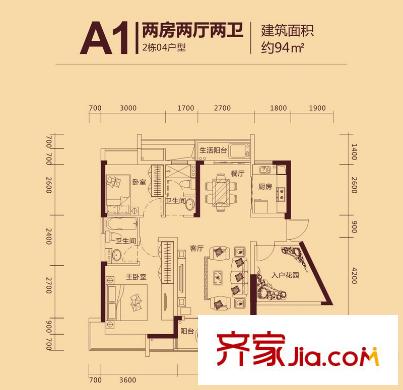 富盈都市華府2棟標(biāo)準(zhǔn)層04戶型 2室2廳2衛(wèi)1廚
