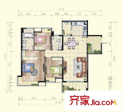 望龍軒1-2棟標(biāo)準(zhǔn)層03戶型 3室2廳2衛(wèi)1廚