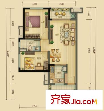 萬科金域國際3-5棟02、03單元標準層青郁年華戶型 2室2廳2衛(wèi)1廚