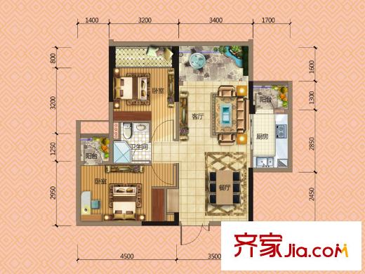 宏遠(yuǎn)御庭山5棟6棟06戶型 2室2廳1衛(wèi)1廚