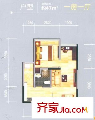中央財津標準層爵版會戶型 1室1廳1衛(wèi)1廚
