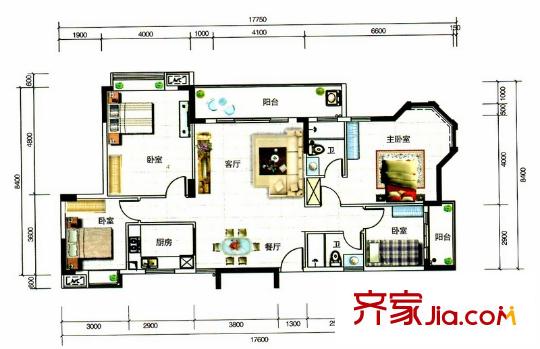 大步海濱花園三期3號(hào)樓標(biāo)準(zhǔn)層02單元01戶型 4室2廳2衛(wèi)1廚