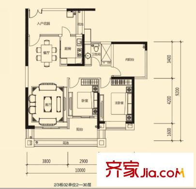 蓮湖四季豪園2/3棟標(biāo)準(zhǔn)層02戶型 3室2廳1衛(wèi)1廚