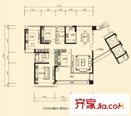 蓮湖四季豪園4/5/8/9棟標(biāo)準(zhǔn)層01戶型 4室2廳2衛(wèi)1廚