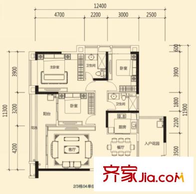 蓮湖四季豪園2/3棟標(biāo)準(zhǔn)層04戶型 3室2廳2衛(wèi)1廚