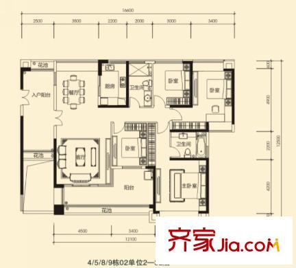 蓮湖四季豪園4/5/8/9棟標(biāo)準(zhǔn)層02戶型 4室2廳2衛(wèi)1廚