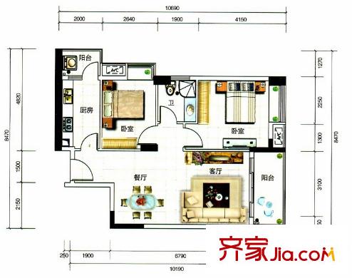大步海濱花園三期3號(hào)樓標(biāo)準(zhǔn)層02單元02戶型 2室2廳1衛(wèi)1廚
