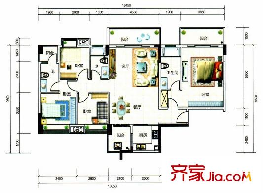 大步海濱花園三期3號(hào)樓標(biāo)準(zhǔn)層01單元03戶型 4室2廳3衛(wèi)1廚
